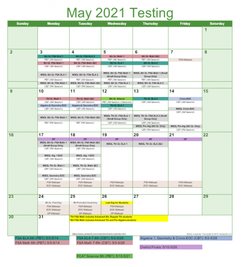 May Testing Calendar | Seven Springs Middle School