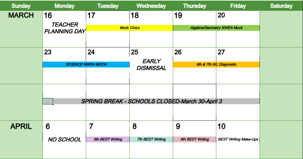 March & April Testing Dates